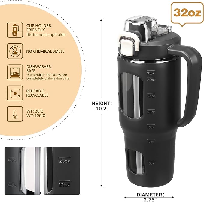 32oz Glass Tumbler with Straw Handle and 2-IN-1 Sip & Spout Lid, Reusable Iced Coffee Cup for Smoothie, Matcha, Leakproof Glass Water Bottle with Straw and Silicone Sleeve, BPA Free-Black