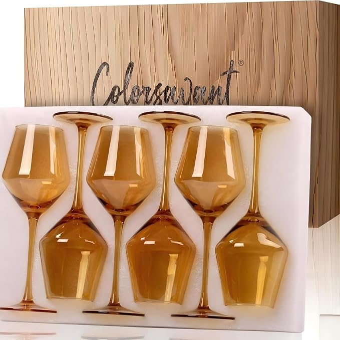 Amber Wine Glasses Set of 6 – 16oz Handblown Brown Wine Glasses for Home Dining, Parties & Gifts by Colorsavant