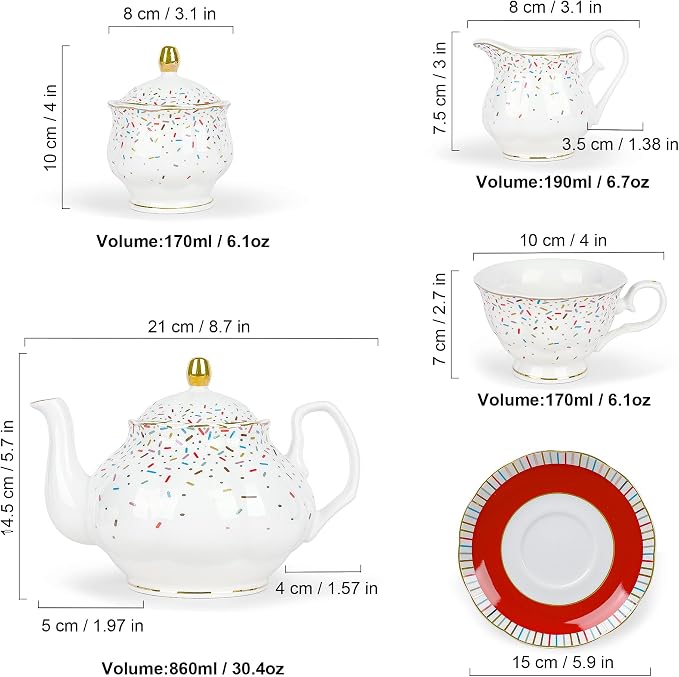 fanquare 21-Piece Colorful British Porcelain Tea Sets, 6 Cups and Saucers Set for Party, Rainbow Sprinkle Sugar Pattern Coffee Set for Adults, Birthday, Holiday, Celebrations - Image 6