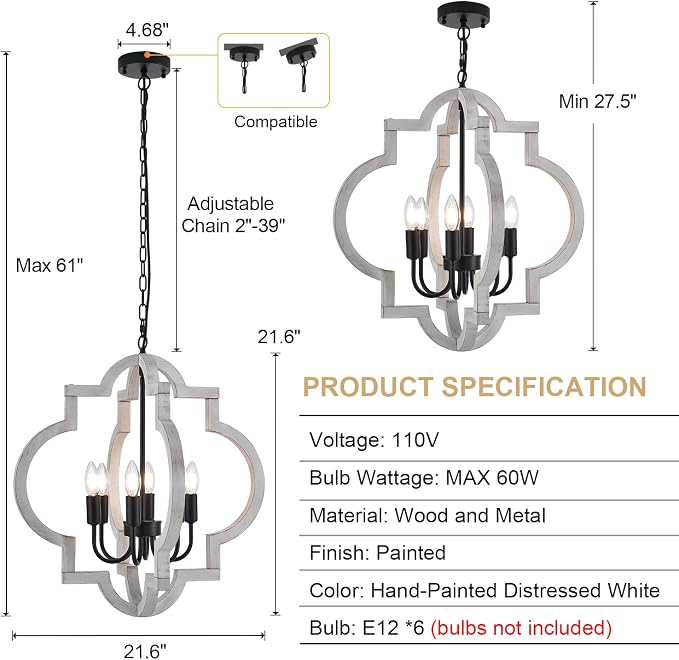 6-Light 21" Farmhouse Orb Chandelier Rustic Handmade Distressed White Wood Hanging Ceiling Pendant Light Fixture Wood Lantern Chandeliers for Dining Room Kitchen Bedroom Foyer Hallway - Image 2