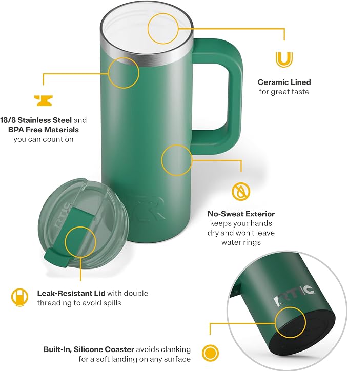 RTIC 20oz Road Trip Travel Mug with Lid and Handle, Ceramic Lined, Insulated, Stainless Steel, Metal, Double Wall Vacuum-Insulation, Portable Coffee, Tea Cup for Hot and Cold Drink, Pine Tree - Image 3
