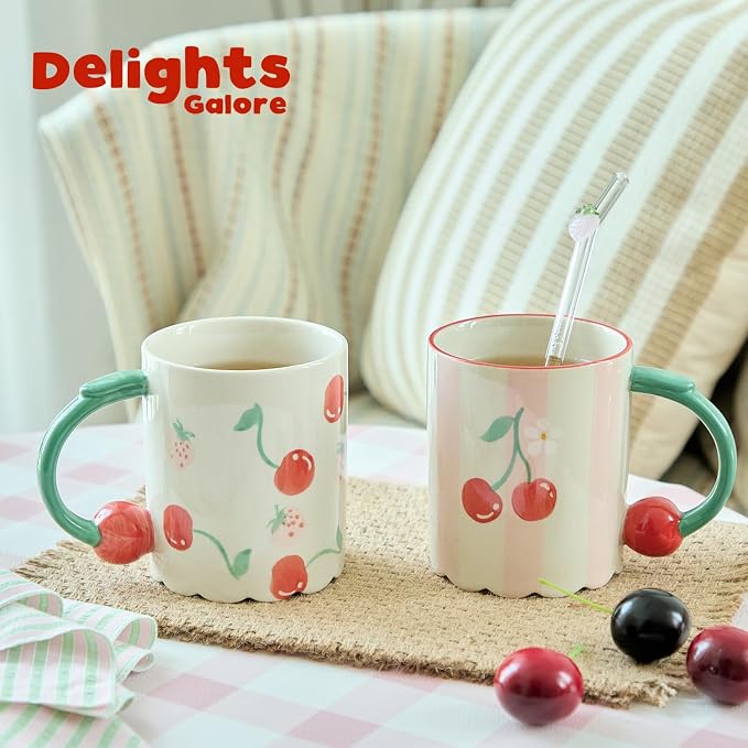 15oz Hand Painted Mug with 3D Cherry Handle - Strawberry & Cherry Pattern. Lead-Free, Microwave/Dishwasher Safe. Aesthetic Coffee Tea Cup Gift for Women & Girls-2pack - Image 7
