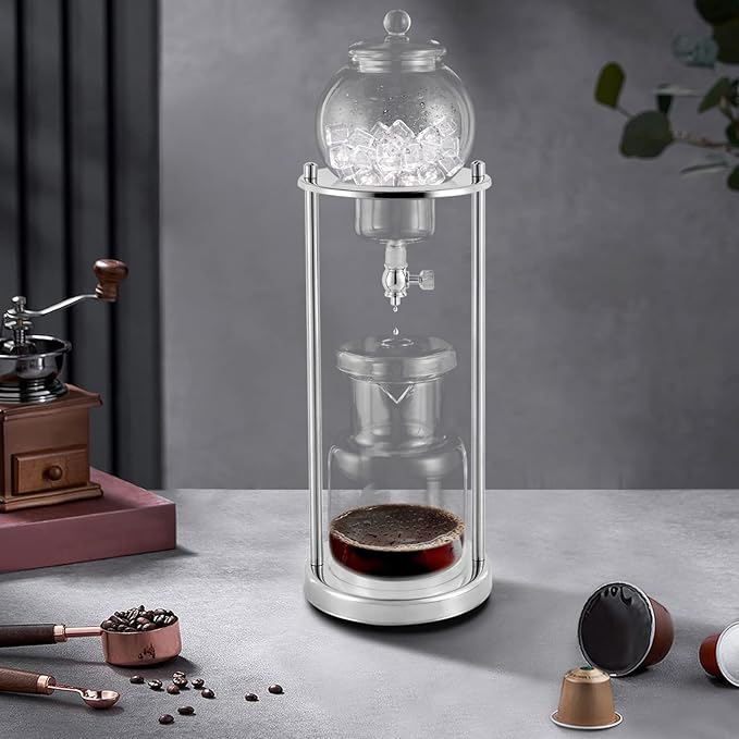 Metal Cold Brew Drip Tower, Clear+Silver Ice Cold Drip Tower 6-8 Cups 600ml -20-150°C Temperature Range With Slow Drip TechnologyIBamboo Straight Frame for Home Office Drip Coffee Maker
