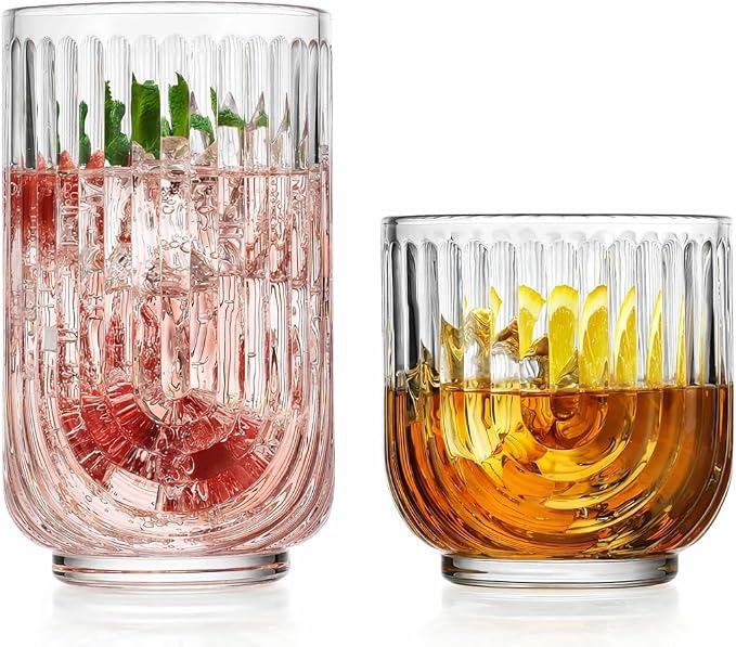 Glaver's 16-Piece Drinking Glass Set, Art Deco Ribbed Arch Design, Clear U-Shape Glassware, 17oz Highball and 11oz DOF Glasses by Glavers