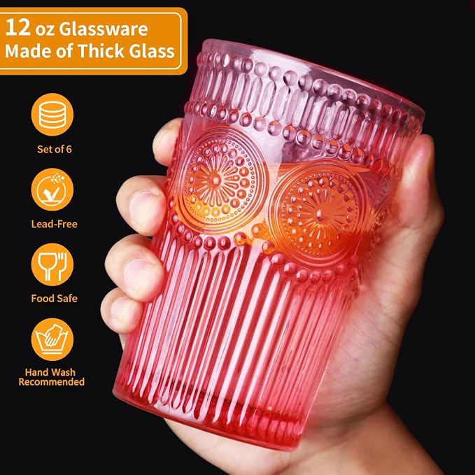 Loivttvv 6pcs Vintage Drinking Glasses Set, 12 oz Pink Highball Glasses, Embossed Ribbed Glassware Cups for Cocktail, Water, Juice, Coffee, Whiskey - Image 2