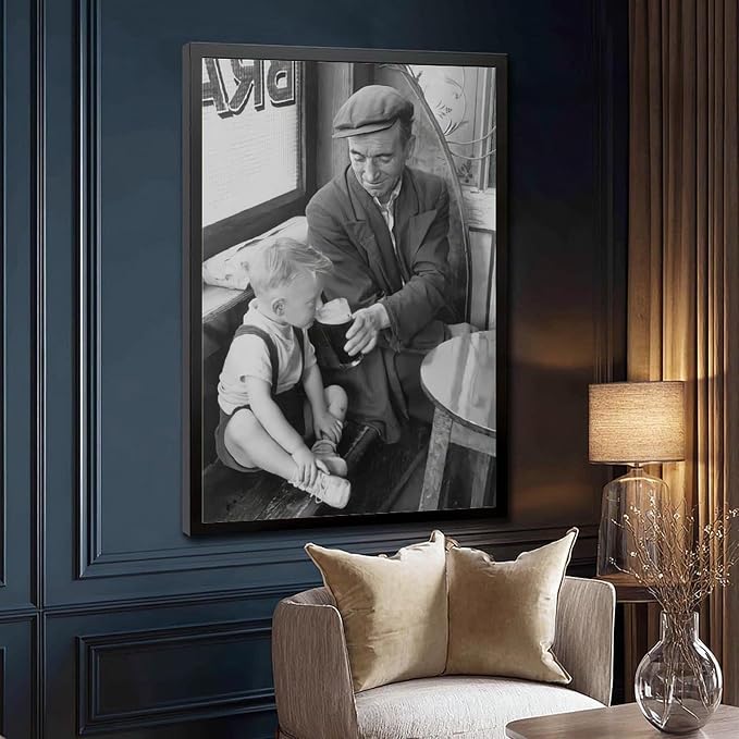 UXCBIA Boy Sipping First Beer, Father And Son at The Bar 1950s, Black And White Retro Pub Poster Canvas Poster Bedroom Decor Sports Landscape Office Room Decor Gift Black Frame 08x12in(20x30cm) - Image 3