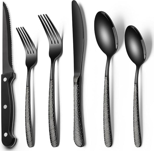 EWFEN 24-Piece Black Silverware Set with Steak Knives, Black Flatware Set for 4, Food-Grade Stainless Steel Tableware Cutlery Set, Mirror Finished Utensil Sets for Home Restaurant, Round Hammered by EWFEN