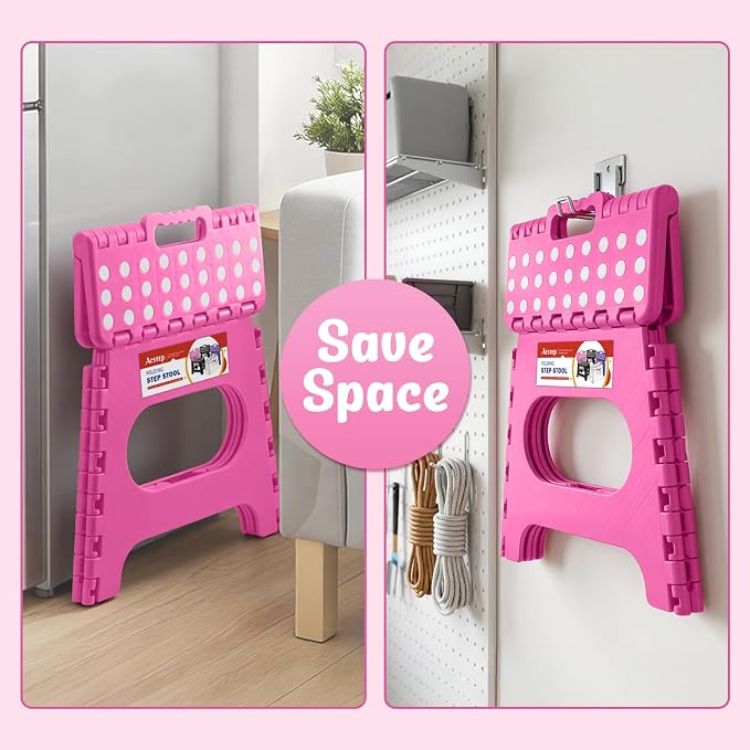 ACSTEP 11" Folding Step Stool for Kids and Adults, Holds 300 lb, Rose red | Heavy Duty Collapsible Foot Stool, Lightweight with Built-in Handle, Non-Slip for Adults Kitchen Bathroom Bedroom Outdoor - Image 4