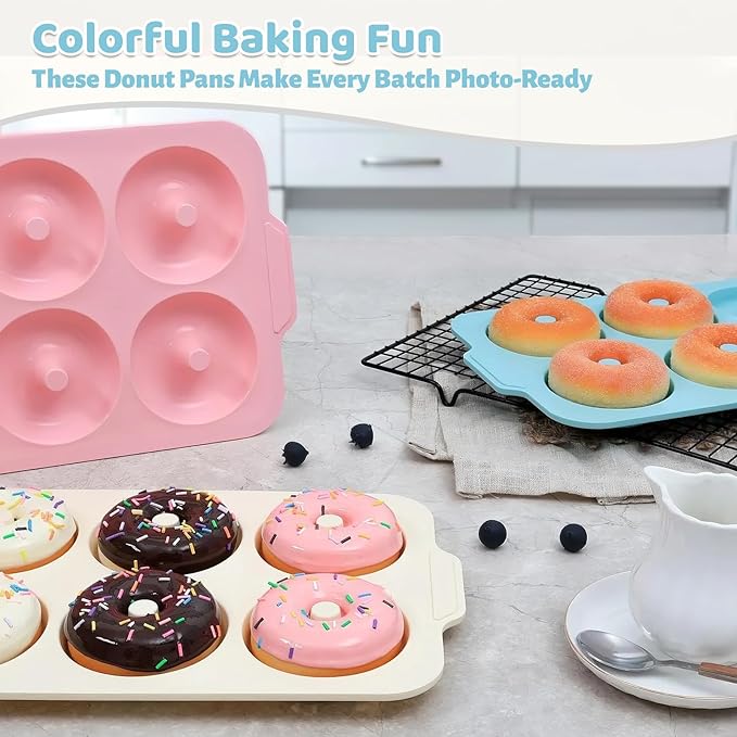 Nonstick Silicone Donut Pan: 3.5 Inch Large Donut Mold with Metal Frame - Bagel Doughnut Pan for Baking Gluten Free Glazed Vegan - for Oven Housewife Home Baker Baking Lovers (Green & Beige)