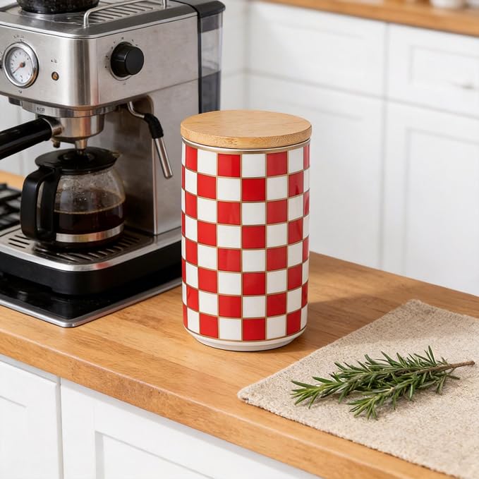 Kitchen Countertop Ceramic Checkered Canisters,Black And White Food Storage Containers With Lid,Airtight Kitchen Canisters for Flour, Sugar, Coffee, Tea, and Dry Goods (Red, Large) - Image 7