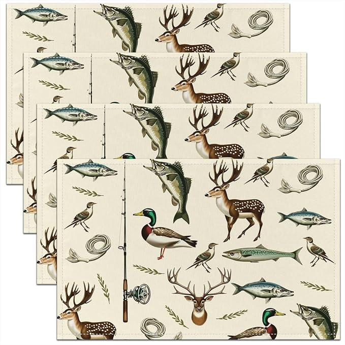 Feelyou Hunting and Fishing Placemats Set of 4 Deer Hunting Table Mats Big Bass Pike Fish Place Mat for Kitchen Dining Table Party Decor Indoor Outdoor 18"x12" Non-Slip Easy to Clean by Feelyou