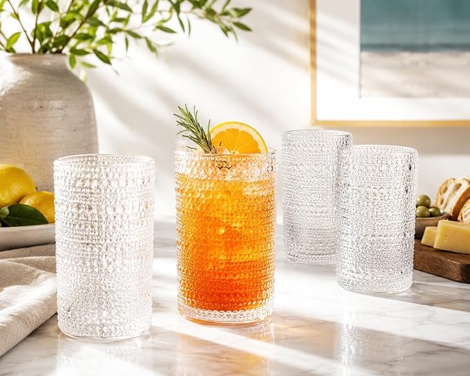 Set of 16 Hobnail Drinking Glasses 15.2 oz/450 ml Clear Highball Glasses, Drinking Set of 16 Vintage Embossed Glassware, Sturdy Heavy Duty Water Juice Cocktails, Iced Coffee Tumblers - Image 8