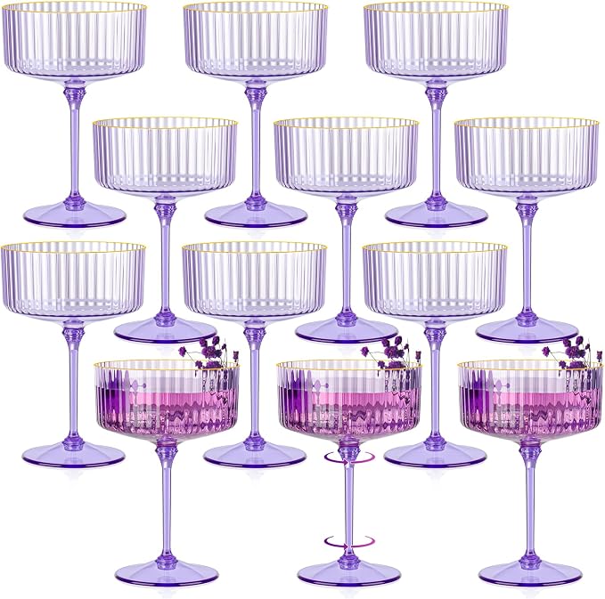 12 PCS Ribbed Coupe Glasses Purple Plastic Champagne Coupe Cup 10oz Detachable Gold Rim Espresso Martini Glass Vintage Margarita Glassware Cocktail Glass Disposable for Halloween Bridal Showers by Unknown