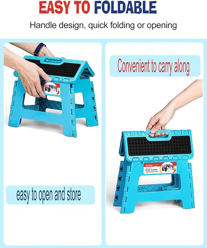 ACSTEP Folding Step Stool 9 Inch, Non-Slip Surface Stool for Kids, Dot Blue | Heavy Duty Foldable Stools, Lightweight, Holds 300 lb, for Toddler Kitchen Bathroom Bedroom Outdoor, Collapsible with Handle - Image 3