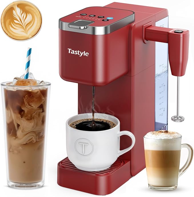 Tastyle Single Serve Coffee Maker with Built-in Detachable Milk Frother | For K Cups & Grounds, 40oz Removable Water Tank, 6 Brew Sizes, 2 Drip Trays, BPA Free, Fits 7.3" Travel Mug, K330MF, Red by Tastyle