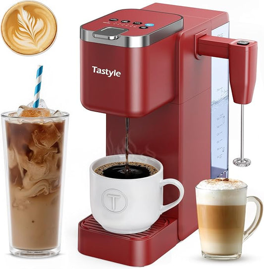 Tastyle Single Serve Coffee Maker with Built-in Detachable Milk Frother | For K Cups & Grounds, 40oz Removable Water Tank, 6 Brew Sizes, 2 Drip Trays, BPA Free, Fits 7.3" Travel Mug, K330MF, Red by Tastyle