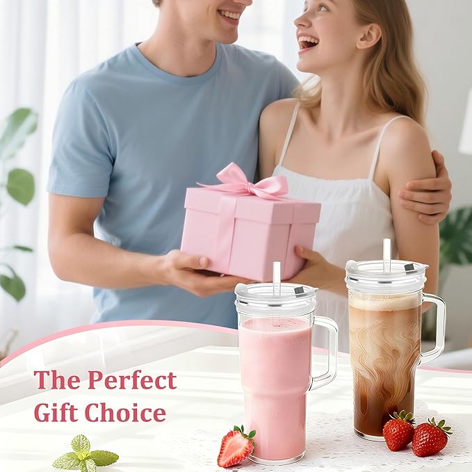 Birity 24oz Pink Bow Glass Cups with Lids and Straws,2 Set Glass Tumbler with Handle,Galss Cup with Stickers and Aesthetic Iced Coffee Cup for Smoothies,Tea,Juice,Boba,Christmas Gifts for Women