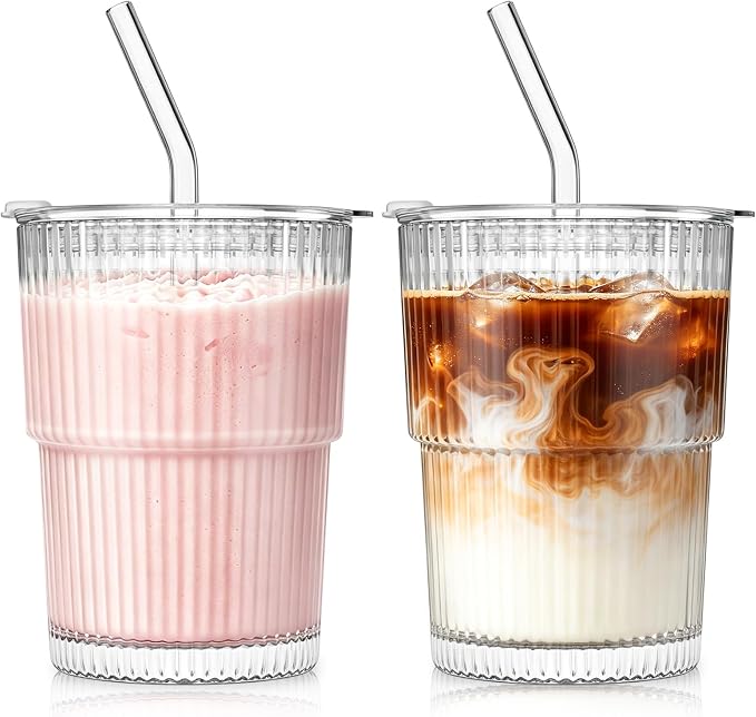 SoulTimes 13oz Ribbed Glass Tumbler with Lid and Straw – Iced Coffee Glasses Cups for Smoothie, Matcha, Juice, Water etc. Leakproof and Reusable Glassware Drinking for Travel To Go 【2 Pack】 by SoulTimes
