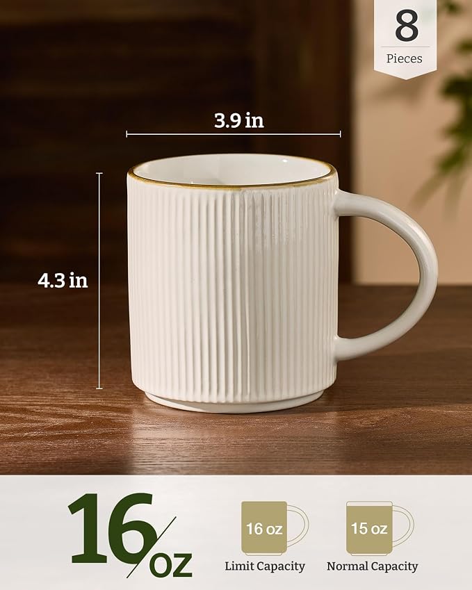 famiware Coffee Mug Set for 8, Star 16 oz Catering Mugs Cup Set with Handle for Coffee, Tea, Cocoa, Milk - Ceramic Stoneware Drinkware Set, White - Image 5