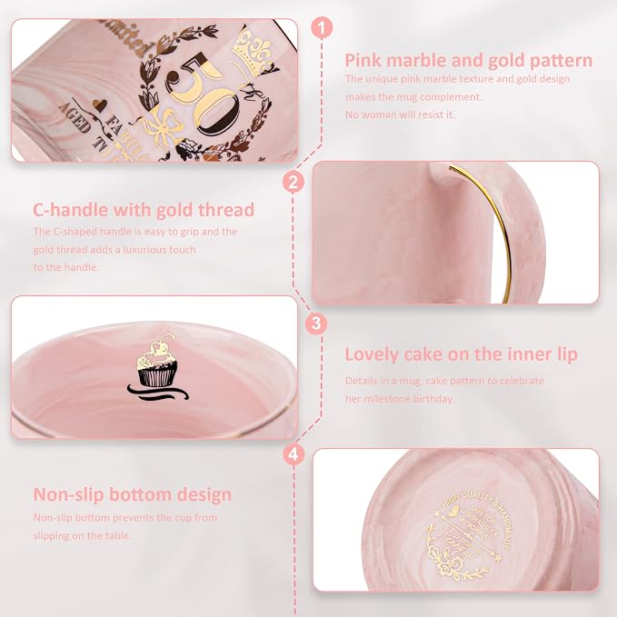 50th Birthday Gifts for Women Her,Fabulous 50 Aged to Perfection Coffee Mug | 14oz Pink Marble Gold Pattern Mug, Gifts Idea for 50 Year old Women Mom Wife Daughter Sister Friends Aunt Nice, Gift Boxed - Image 3