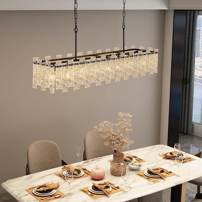Modern Rectangular Crystal Chandelier, L47 inch Black Rectangle Water Ripple Glass Chandeliers Lighting, 8 Lights Linear Pendant Light Fixture for Kitchen Island, Living Room, Adjustable Hight by HSMKL