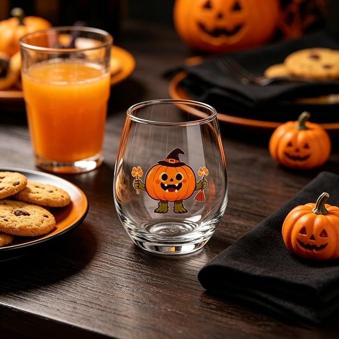 Halloween Stemless Wine Glass, Cute Pumpkin Ghost Cat Egg Shaped Tumbler, Clear Waterproof Printed Glassware, Festive Decorative Cup, Halloween Party Supplies & Holiday Gift for Women, A - Image 3