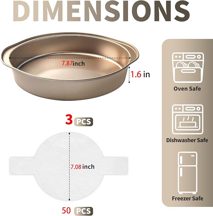 8 Inch Cake Pans, 3PCS Nonstick Round Baking Pans with 50PCS Parchment Papers, Durable Birthday Circle Cake Baking Pan with Handle for Multi-Layer Cakes, Dishwasher Safe (Gold, 8 inch) - Image 2