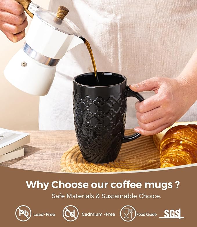 AmorArc Large Coffee Mugs Set of 6, 20oz Tall Coffee Mugs Set | with Texture Patterns for Cappuccino, Latte,Hot Cocoa, Dishwasher & Microwave Safe-Black - Image 3