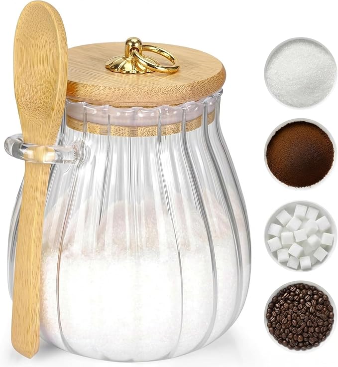 Sugar Container with Bamboo Lid and Spoon,15 oz Sugar Bowl Glass Jar | Coffee Bar Accessories Coffee Canister Kitchen Decor Housewarming Gift Christmas Refillable Design by Holoith