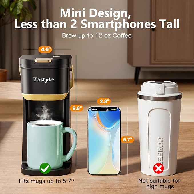Tastyle Mini Single Serve Coffee Maker for K Cups and Grounds with Handle | for Travel, Camping, Office, RV and Dorm, Portable Handle, 120V, 6 to 12 Oz Brew Size, BPA Free, K302, Black and Gold - Image 4