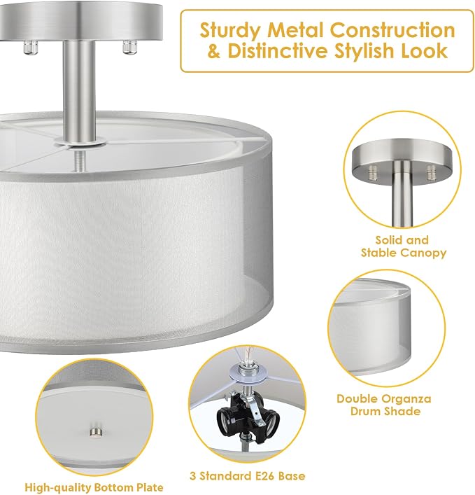 FOLKSMATE Silver Semi Flush Mount Ceiling Light Fixture, 3-Light Drum Light with Double Fabric Shade, Modern Close to Ceiling Lamp for Living Room, Bedroom, Dining Room, Kitchen, Hallway, Entry, Foyer - Image 3