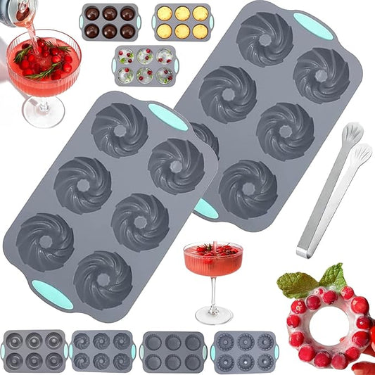 Wreath Ice Mold, Christmas Ice Cube Molds, Silicone Wreath Ice Cubes Tray, 6 Hole Silicone DIY Mold Suitable, Flexible Silicones Easy Release, for Holiday Cocktails/Chocolate/Desserts (B*2)