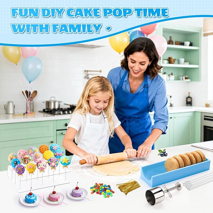 All-in-One Cake Pop Mold Set with 9 Inch Silicone Tray, Coinicxcel Stainless Steel Round Cake Pop Cutter and Pusher, Acrylic Stand, Sticks, Wrappers, Twist Ties, Baking Molds Kit for Christmas Gifts