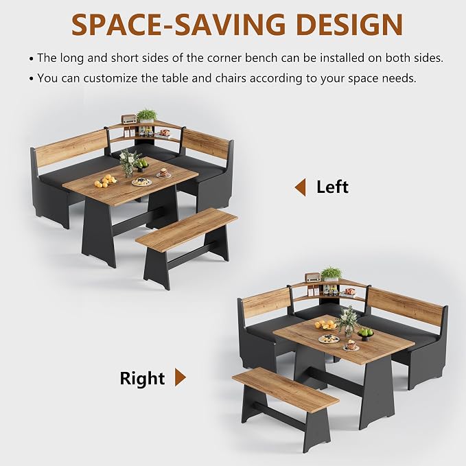 PAKASEPT Corner Breakfast Nook Table Set with Cushion, L-Shape Kitchen Dining Table with Bench, Farmhouse Wood Breakfast Nook Bench with Hidden Storage,Black - Image 5