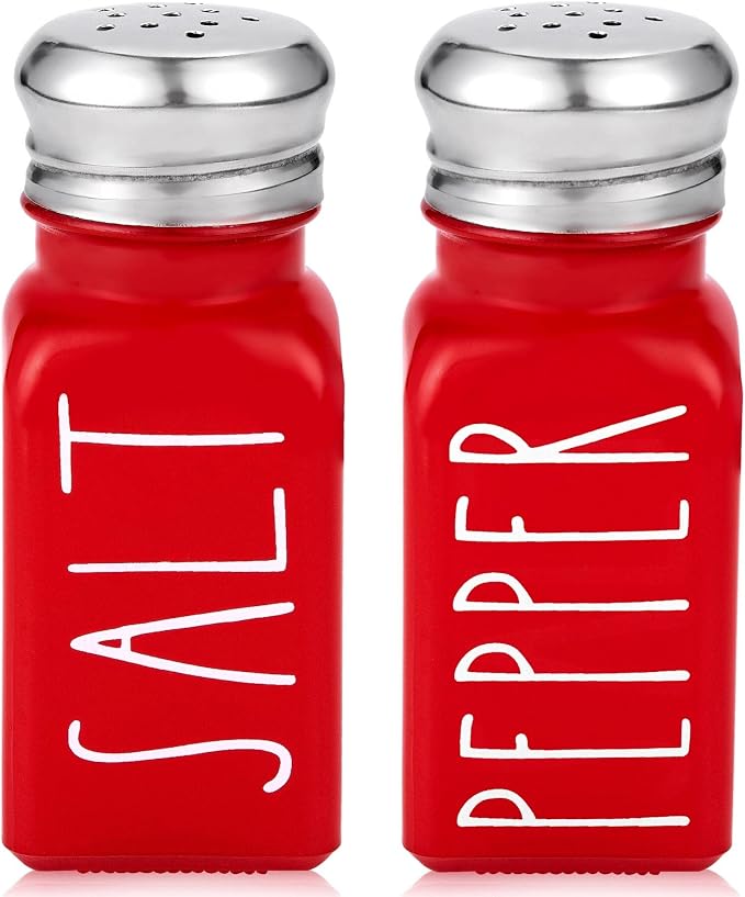 Red Salt and Pepper Shakers Set by Brighter Barns - Modern Farmhouse Kitchen Decor and Accessories for Home Restaurants Weddings - Cute Modern Glass Christmas Shaker Sets & Stainless Steel Lid (Red) by BrighterBarns