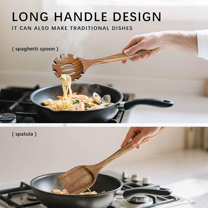 Wooden Spoons for Cooking, 9-Piece Acacia Wood Cooking Utensil Set | Spoons and spatulas stir, mix, flip and serve; balanced handles offer control while staying gentle on nonstick cookware. - Image 5