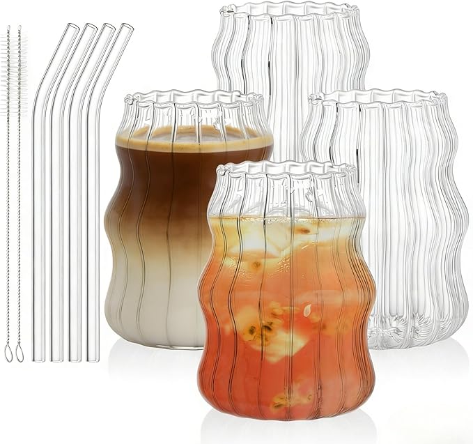 Tebery 4 Pack Cute Drinking Glasses, 16 Oz Ribbed Iced Coffee Cup Tumbler with Straws, Aesthetic Vintage Water Glassware Mug for Cocktail Smoothie Juice Beverage Milk Tea by Tebery