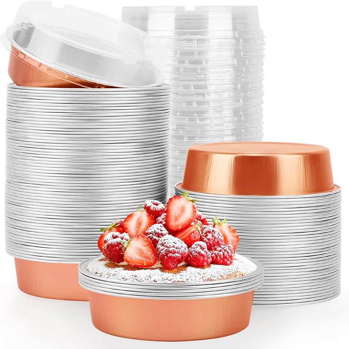 Beasea Mini Tart Pans, 8 Oz, 100 Pack, Rose Gold Aluminum Pie Pan Cartoon Tin Tart Pans, Round Oven Baking, 4 Inch by Beasea