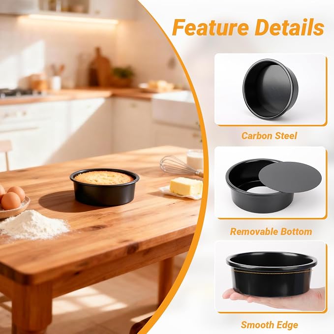 Beasea Round Cake Pan, 3 Pack 6 Inch Carbon Steel Cake Pan with Removable Bottom, Non Stick Cheesecake Mold Metal Tin for Oven Baking - Image 3