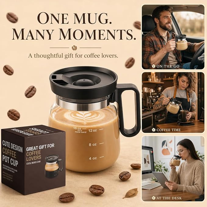 Coffee Pot Mug with Lid, 16oz Glass Mini Coffee Pot Cup, Heat-Resistant Clear Travel Mug, Spill-Resistant Novelty Coffee cup for Office Desk & Coffee Lovers gift - Image 9