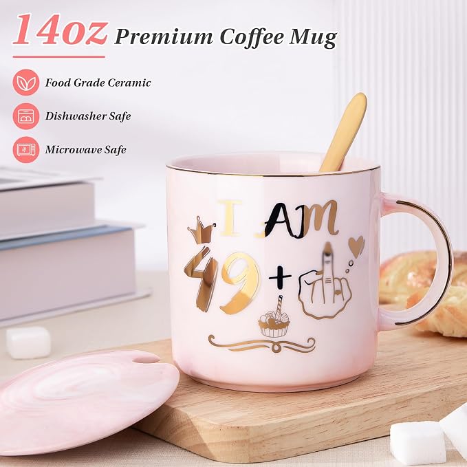 Funny 50th Birthday Gifts for Women, 14oz Pink Mug with 49+1 Hand Design | Marble Ceramic Coffee Cup with Gold Print, Elegant Turning 50 Gift for Her, with Lid, Spoon, Greeting Card, Nice Gift Box - Image 2