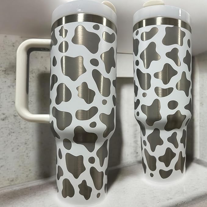 Western Engraved 40oz Tumbler, Tumbler with handle, Cowgirl Tumbler, Country Mug with Handle (White(3)-Cow(C))