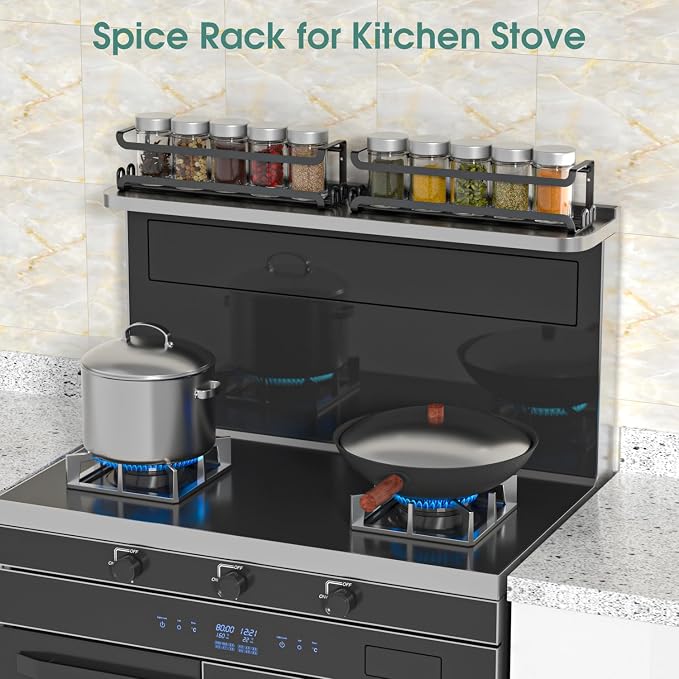 LUCYCAZ 2 Pack Wall Mounted Spice Rack for Spice Jars & Seasonings (Black) | 8 Metal Hooks, Space-Saving,Screw or Adhesive Spice Shelf Hanging,for Kitchen Cabinet,Pantry Door,RV,Camper Spice Orgnaizer - Image 9