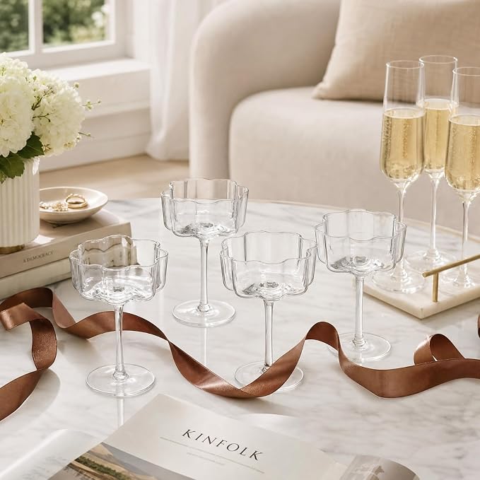 Flower Scalloped Vintage Wavy Petals Wave Glass Coupes 7oz Colorful Martini, Champagne & Cocktails, 4 Set Clear Rippled Champagne Glasses, Elegant Bar Glassware, Unique Aesthetic Coupe Glassware Gifts - Image 6
