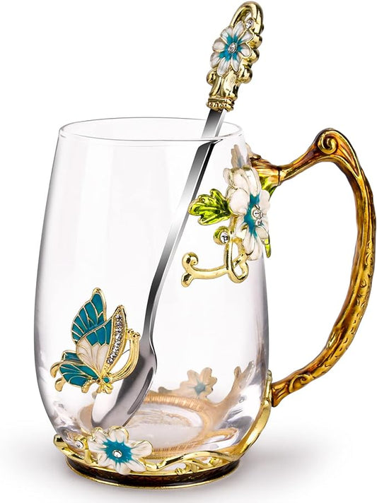 OEAGO Birthday Gifts for Women Mom Glass Coffee Enamels Mug Best Mothers Day Butterfly Gifts for Her from Daughter Son Lead-Free Christmas Tea Cup with Spoon Sets by OEAGO