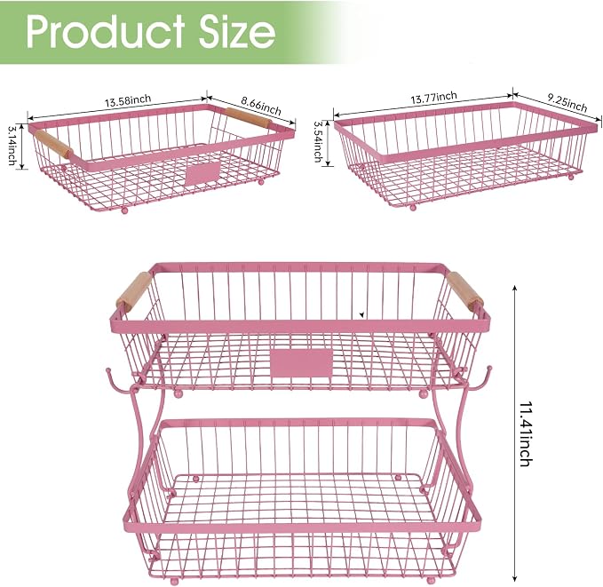 Fruit Basket Bowl 2 Tier Detachable with 2 Banana Hangers, Fruit Stand Holder for Kitchen Countertop, Metal Wire Vegetable Storage Organizer, for Bread Snack Veggies Produce, pink - Image 2