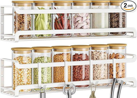 Bunoxea Spice Rack Wall Mounted 2 Pack, White,For Spice Jars & Seasonings | 2 Removalble Hooks,Screw or Adhesive Hanging, Space-Saving,For Kitchen Cabinet, Pantry Door,Stove,RV Use,11.41x2.75x2.75in by Bunoxea