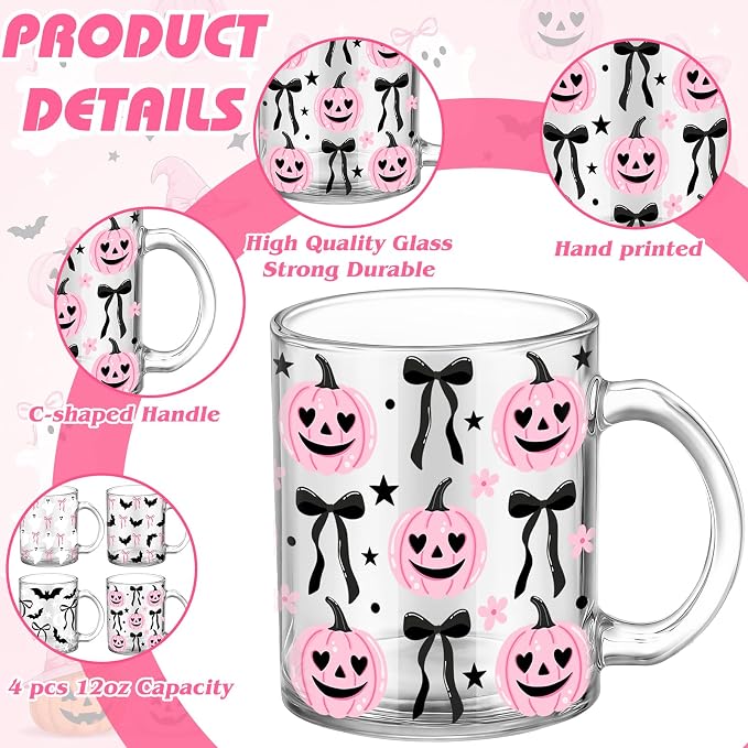 Tioncy 4 Pcs Halloween Coffee Mugs 12 oz Pink Pumpkin Glass Cups with Handle Pink Bow Coffee Cup Cute Ghost Bat Gifts Drinking Containers for Halloween Holiday Party Drinkware Accessories - Image 3
