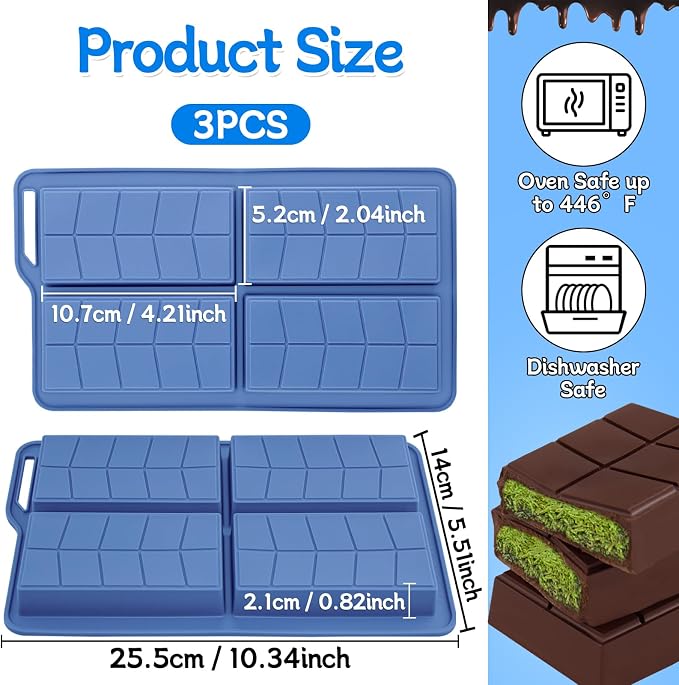 3pcs Dubai Chocolate Mold Silicone 0.82 Inch Deep,Chocolate Bar Molds Non-Stick Flexible Thick Homemade Chocolates Candies and Desserts(Blue) - Image 2
