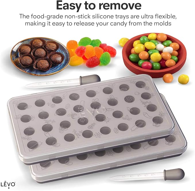 LĒVO Gummy and Candy Molds - 3mL Silicone Gummy Trays with Dry-Erase Lid - Set of 2 - Non-Stick Silicone Candy and Chocolate Molds - For Your LĒVO Herbal Oil Infusion - Makes 64 Round Gummies - Image 7